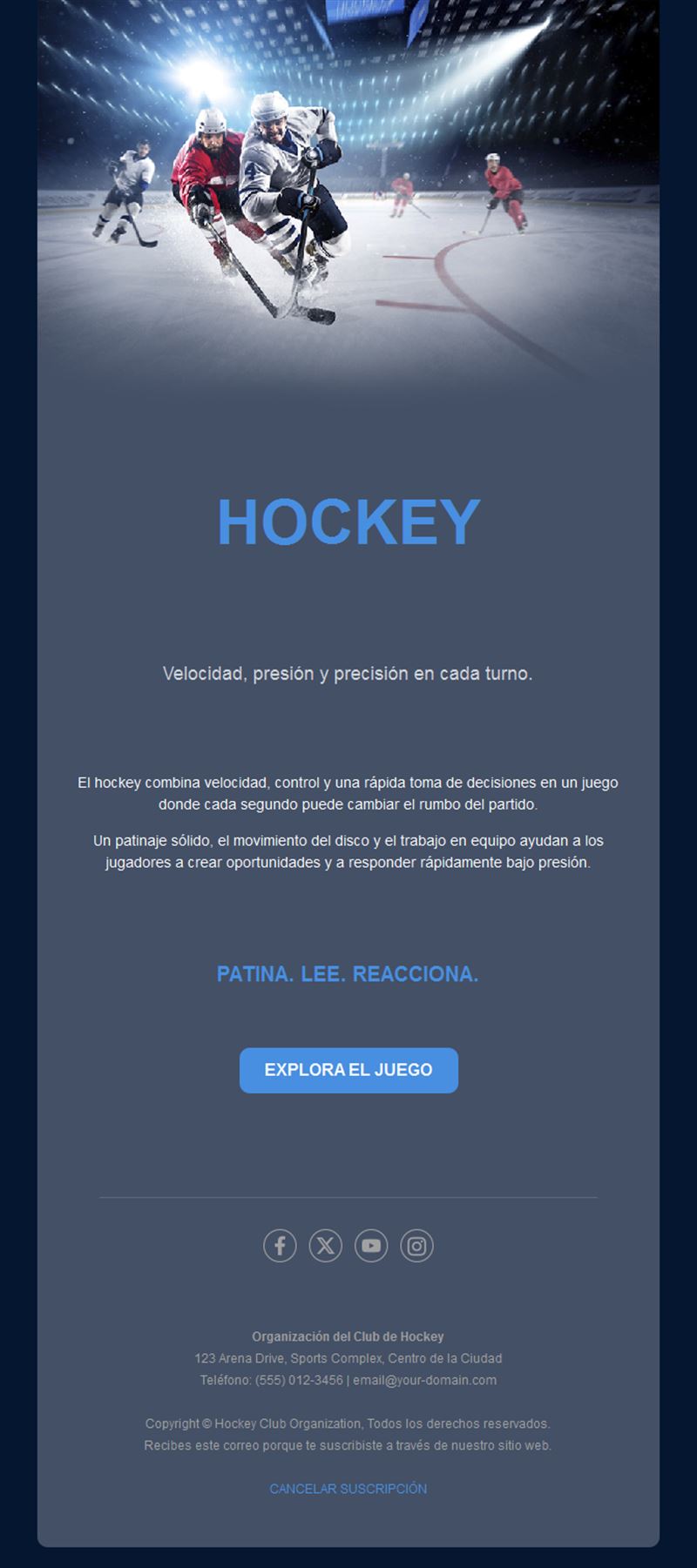Email azul marino de partido de hockey