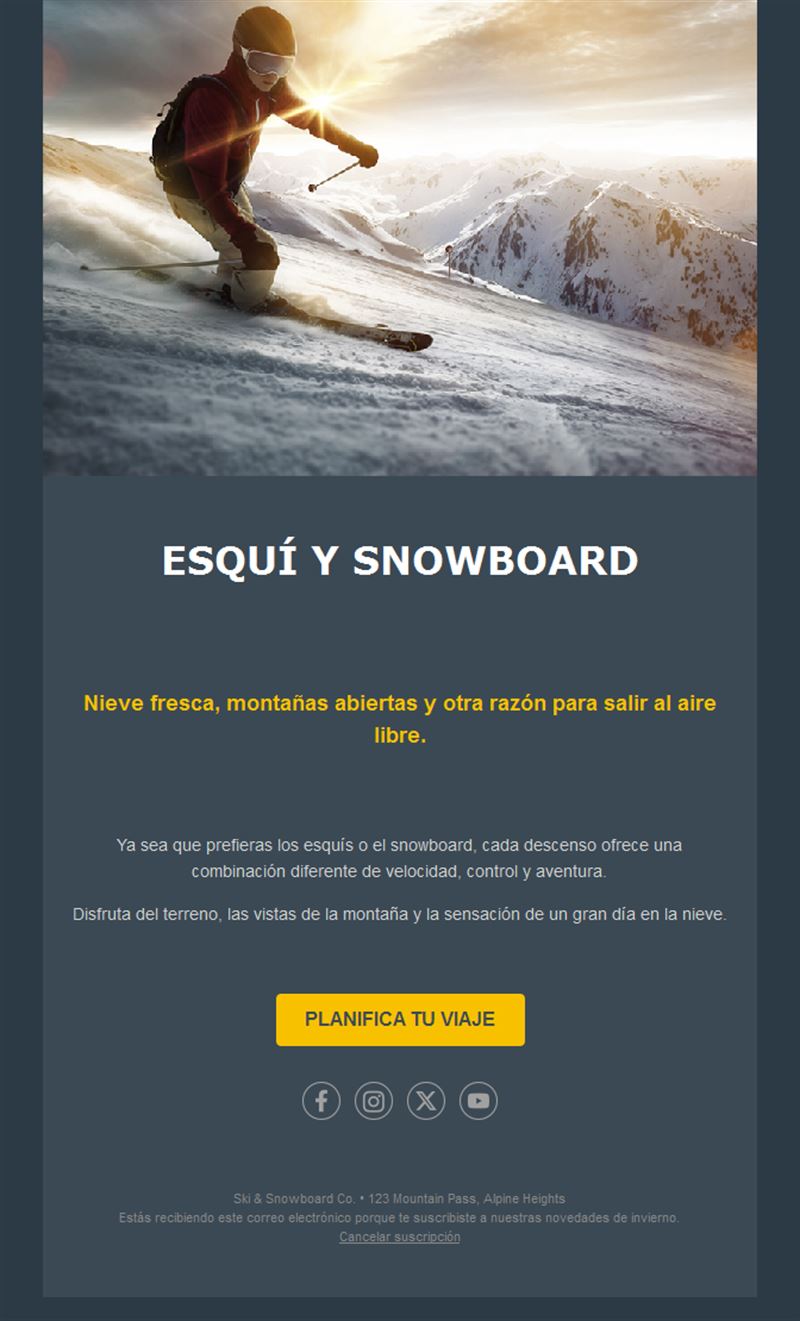 Email para planificar un viaje de esquí