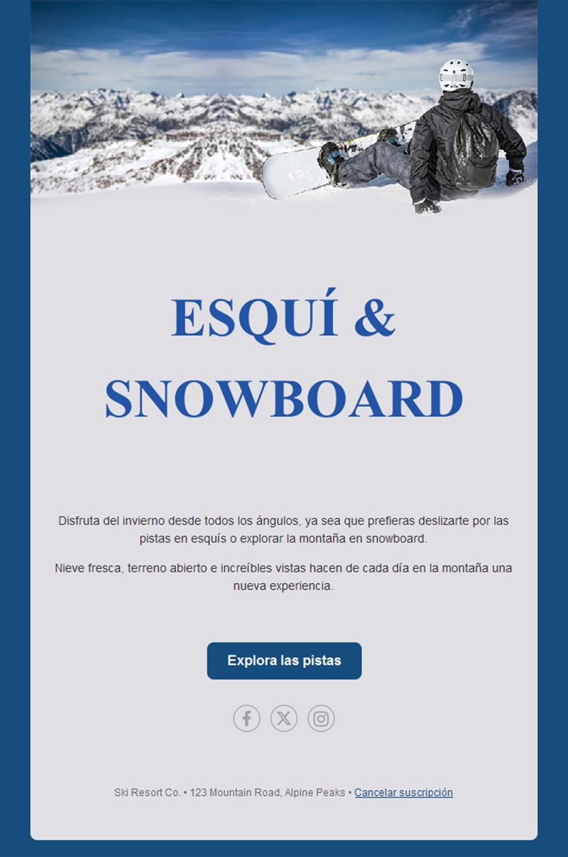 Email de estación de esquí y snowboard