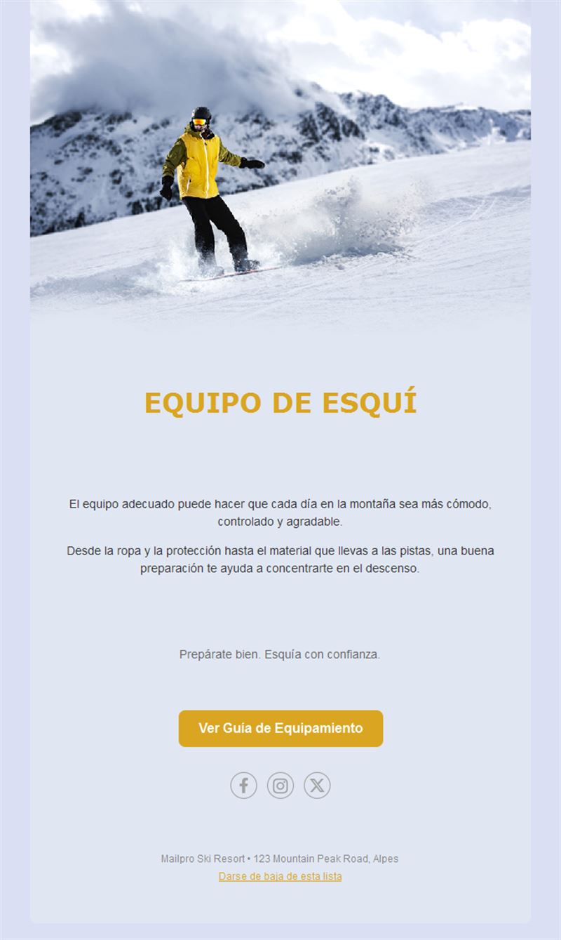 Email de guía de material de esquí