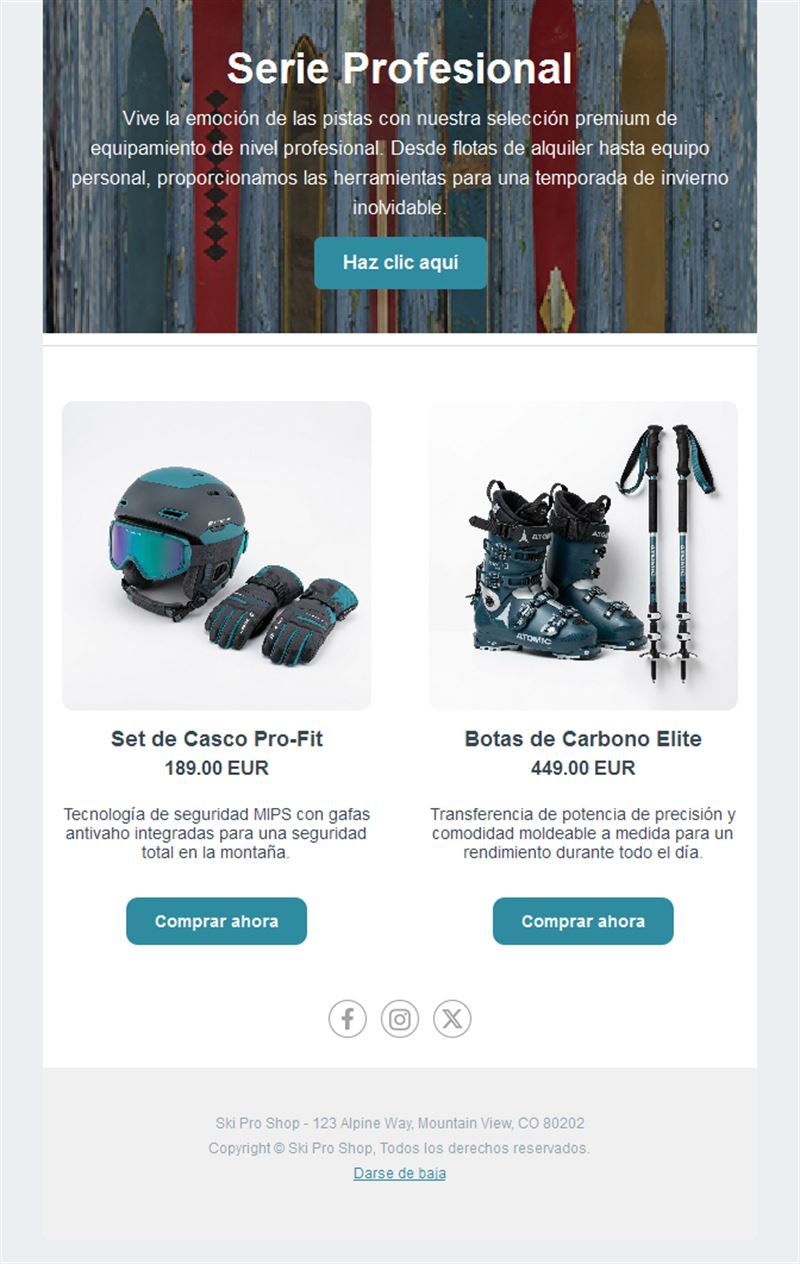 Email de tienda de material de esquí