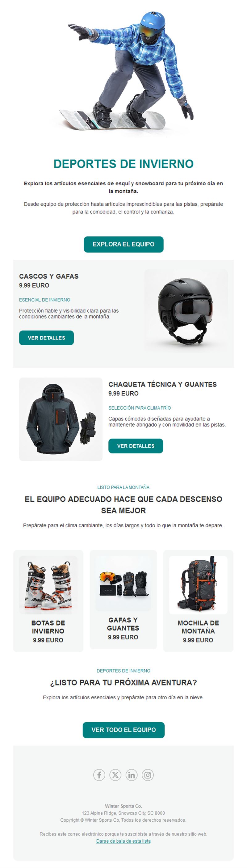 Newsletter de tienda de deportes de invierno