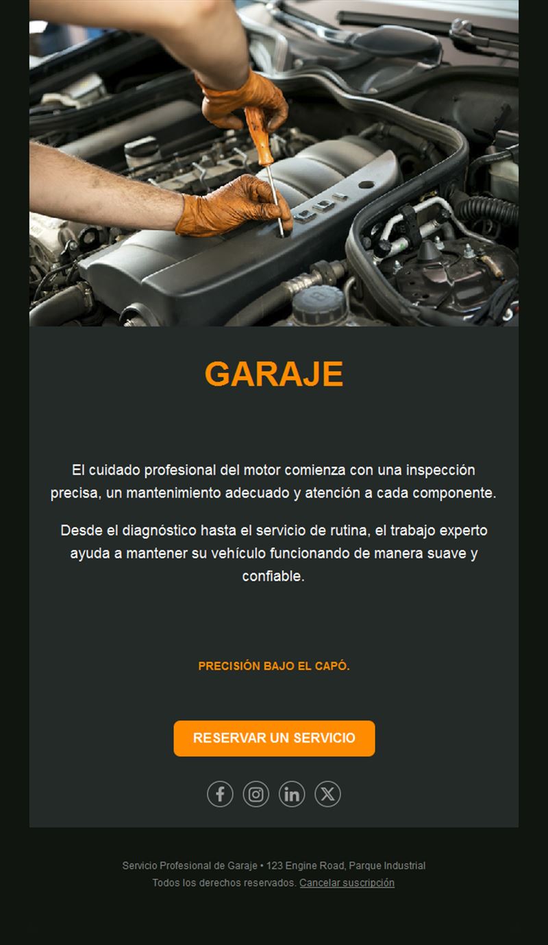 Email de taller de mantenimiento de motor