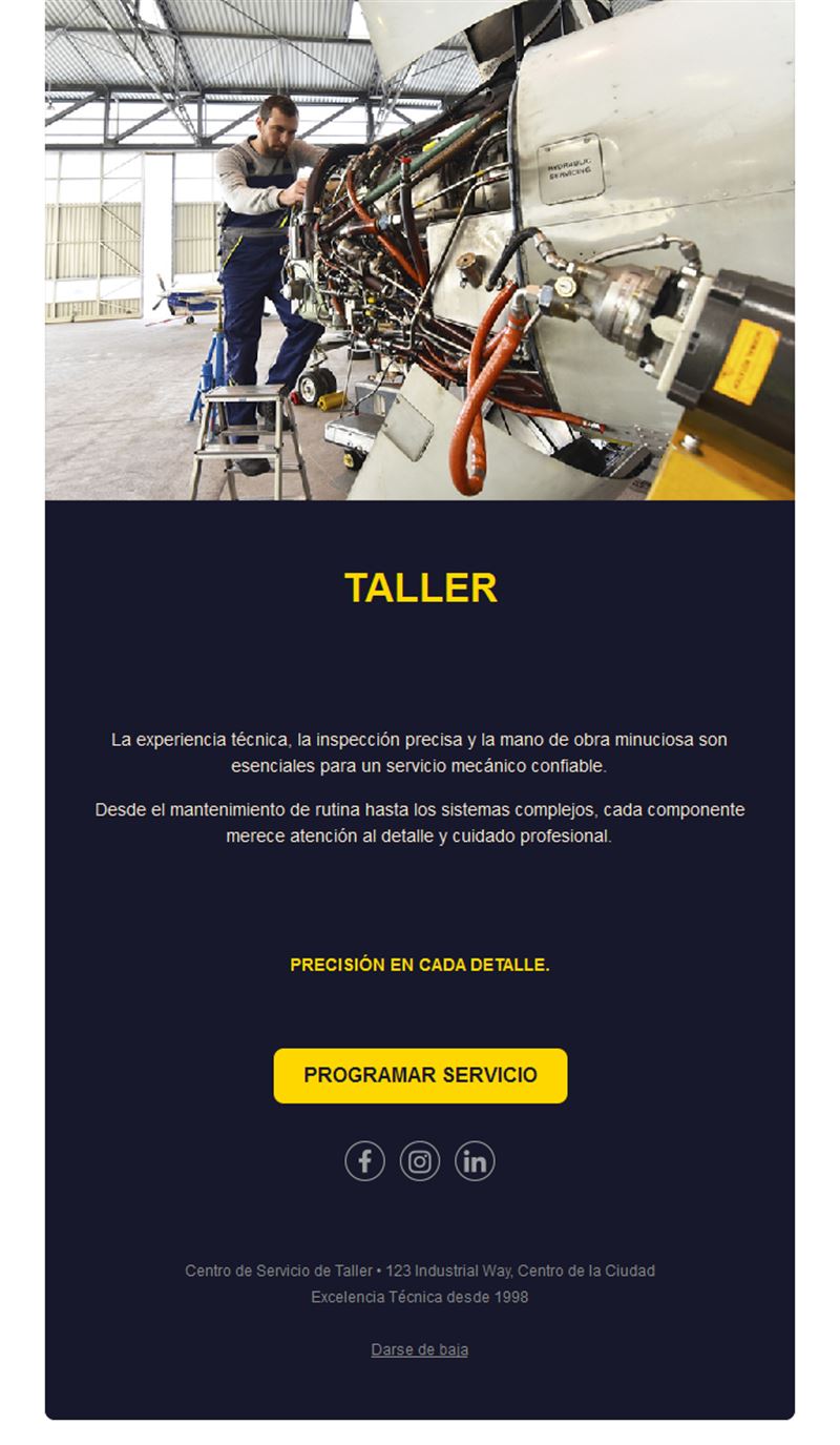 Email de taller azul marino y amarillo