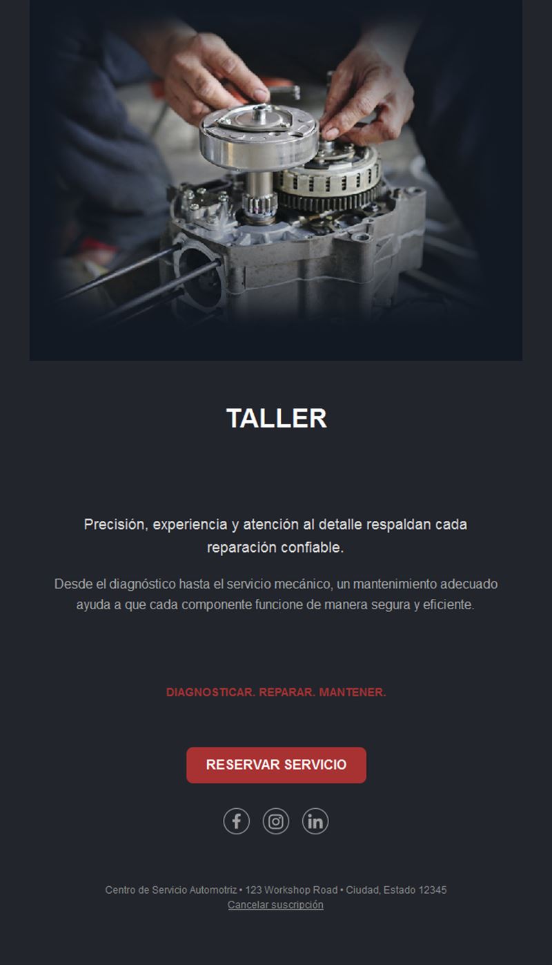 Email de taller de reparación mecánica