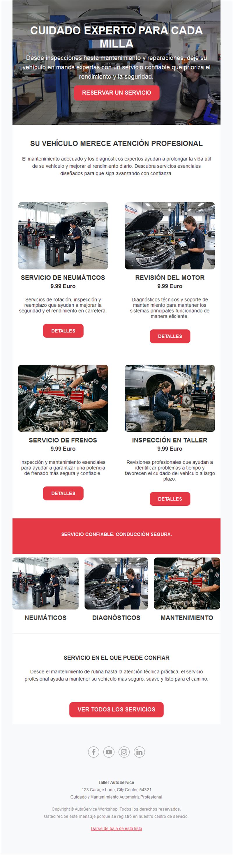 Email de servicios y precios de taller