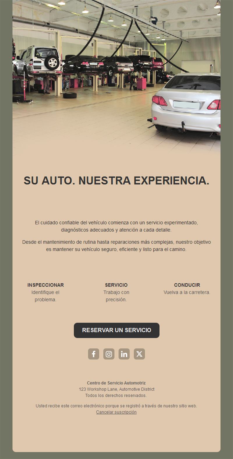 Email beige de servicio de coches
