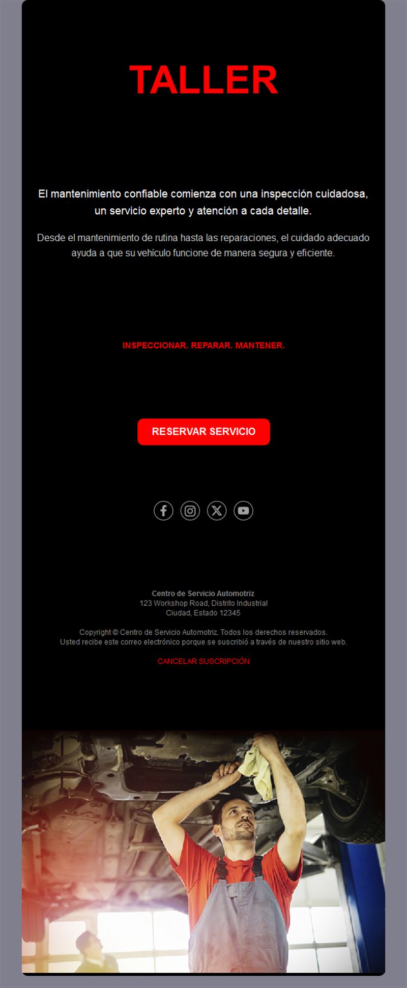Email de campaña de taller en negro y rojo