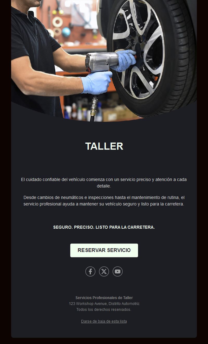 Email de taller para cambio de neumáticos