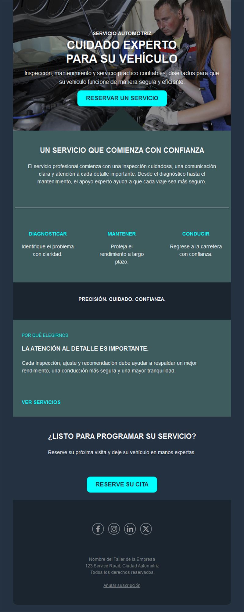 Newsletter de taller con botón de cita