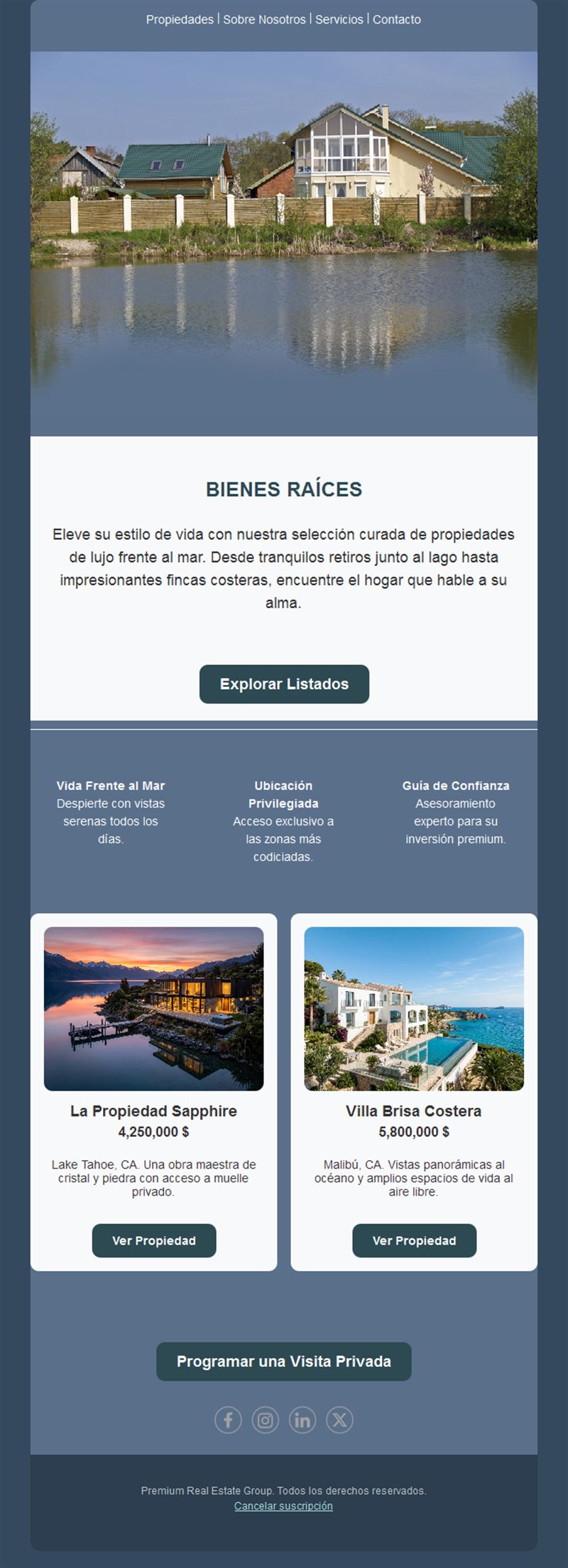Email inmobiliario de propiedades junto al agua
