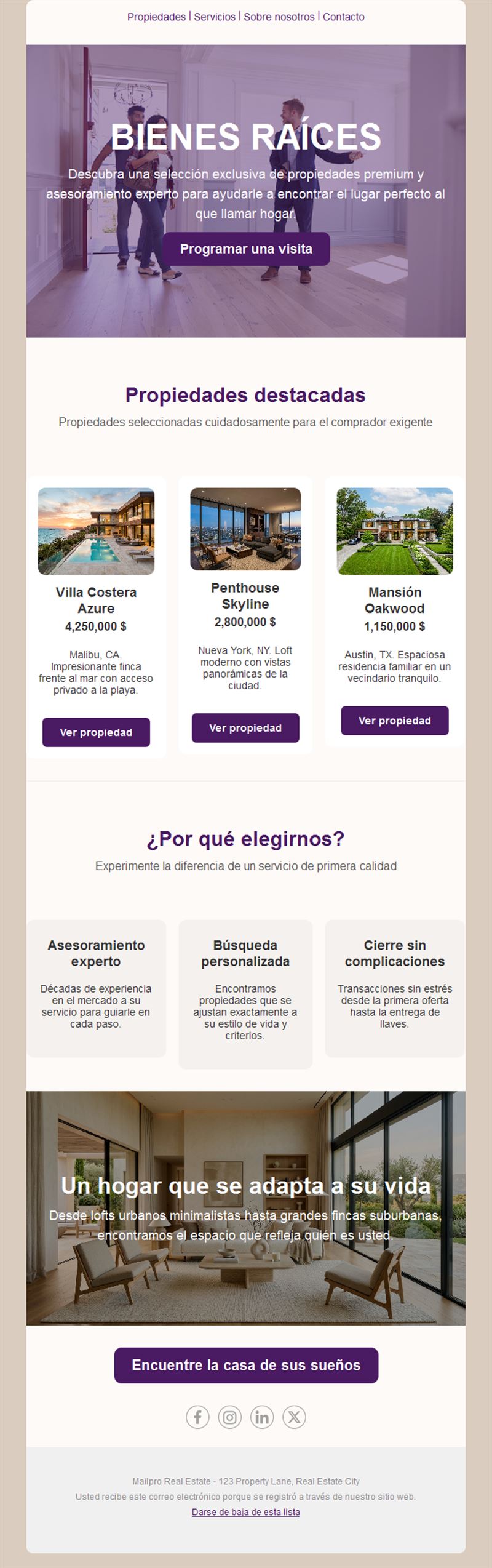 Email morado de anuncios inmobiliarios