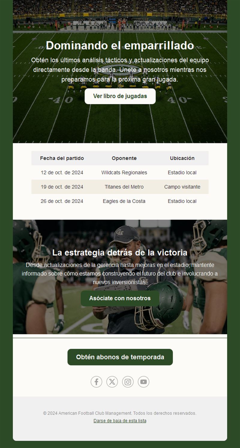 Email de calendario y abonos de temporada