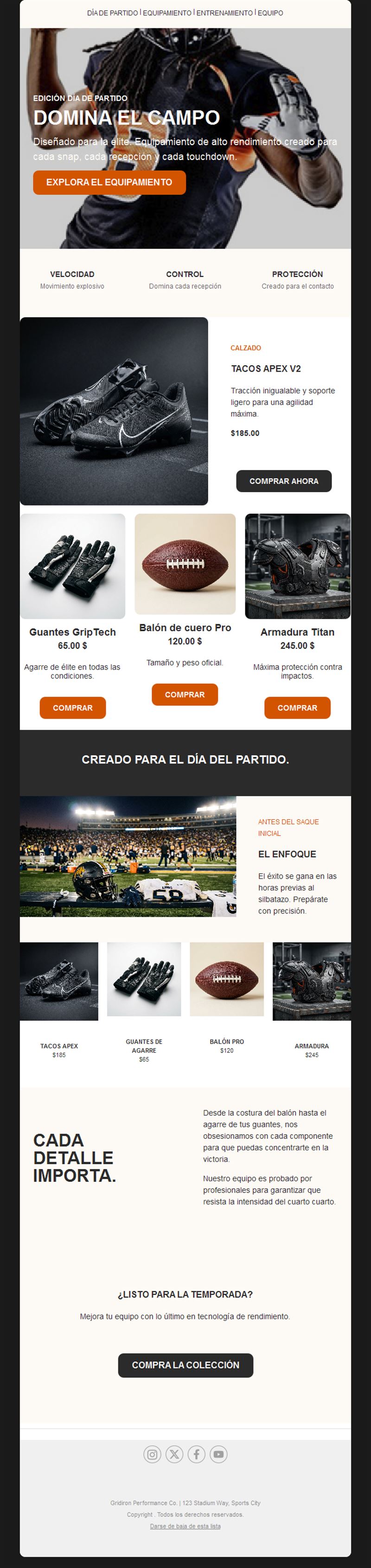 Email de tienda de equipación de fútbol americano