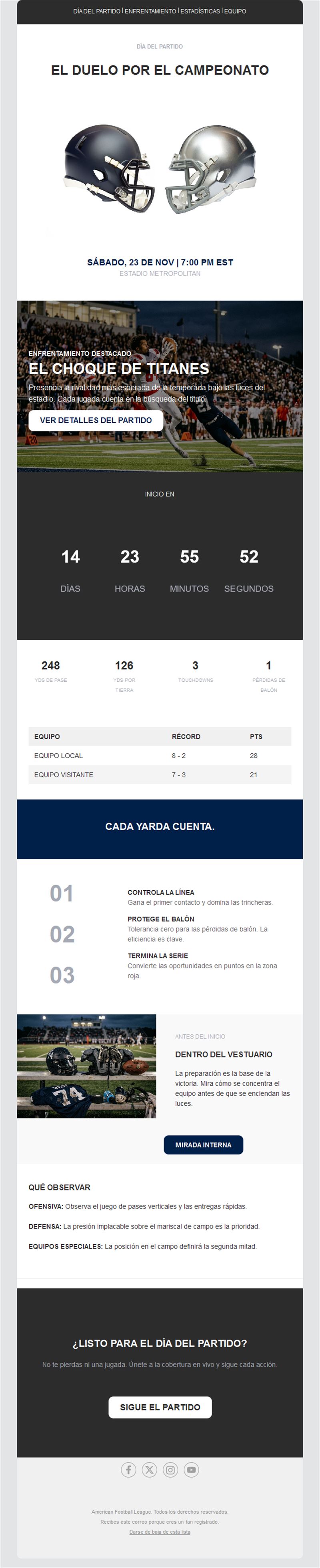 Email de día de partido con cuenta atrás