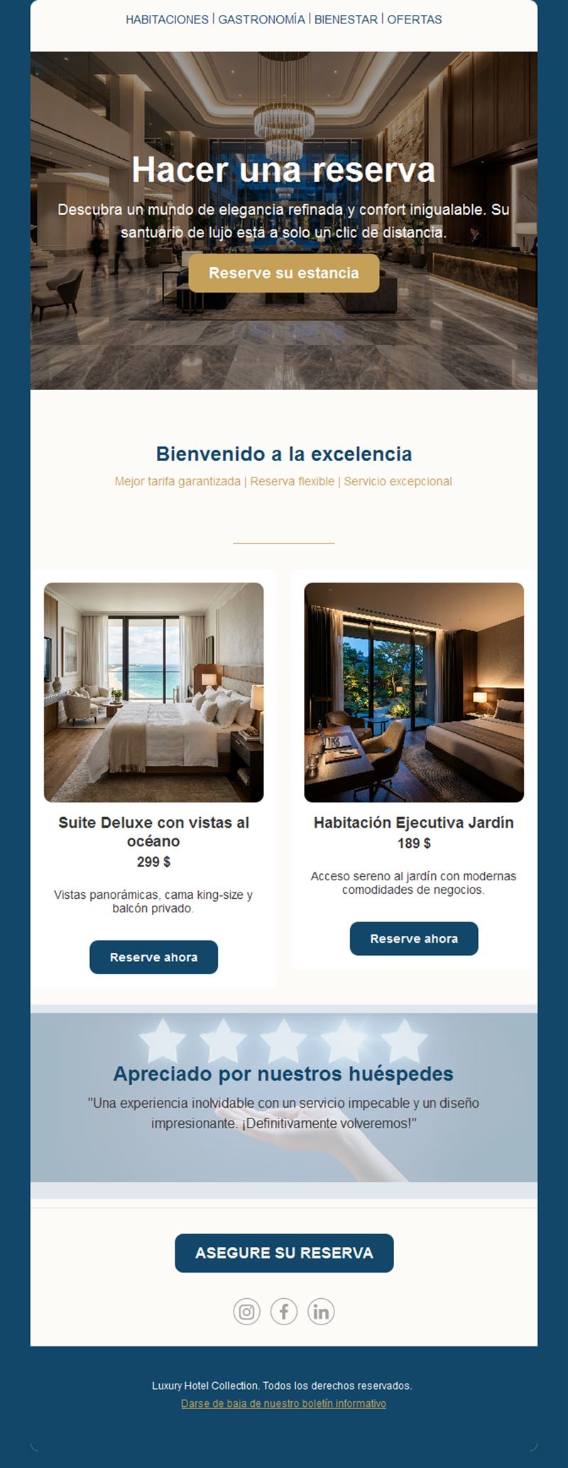 Email de reserva de hotel con opiniones