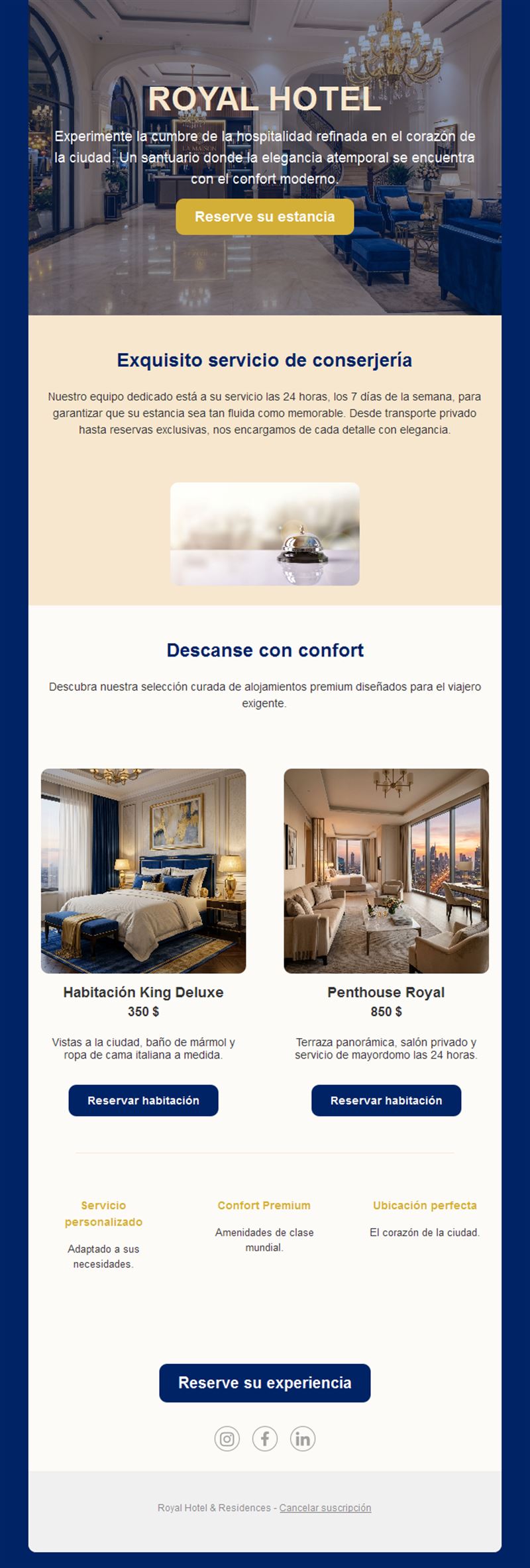 Email de hotel de lujo con conserjería