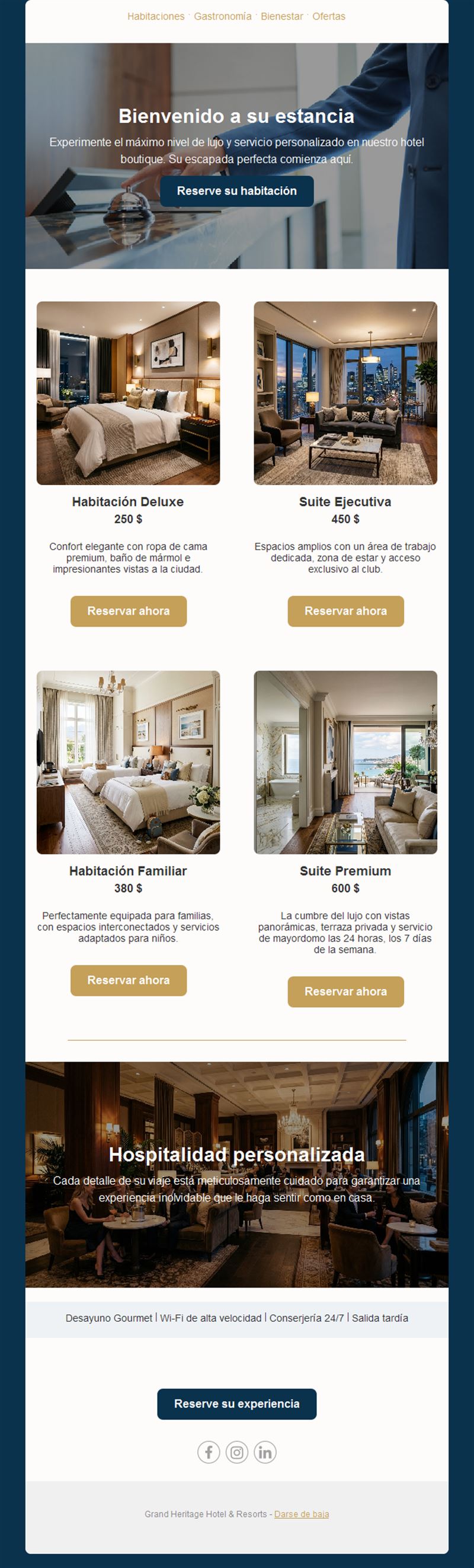 Email de habitaciones y precios de hotel