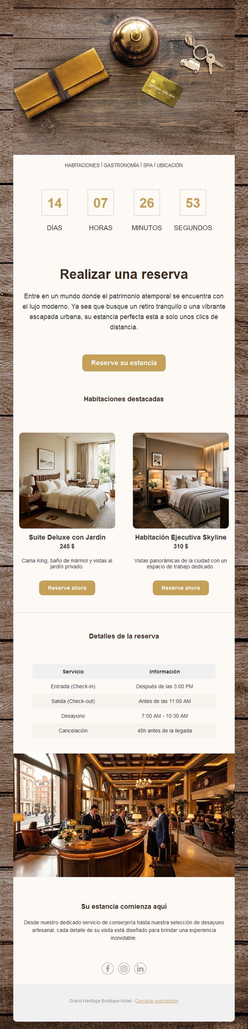 Email de reserva de hotel con cuenta atrás