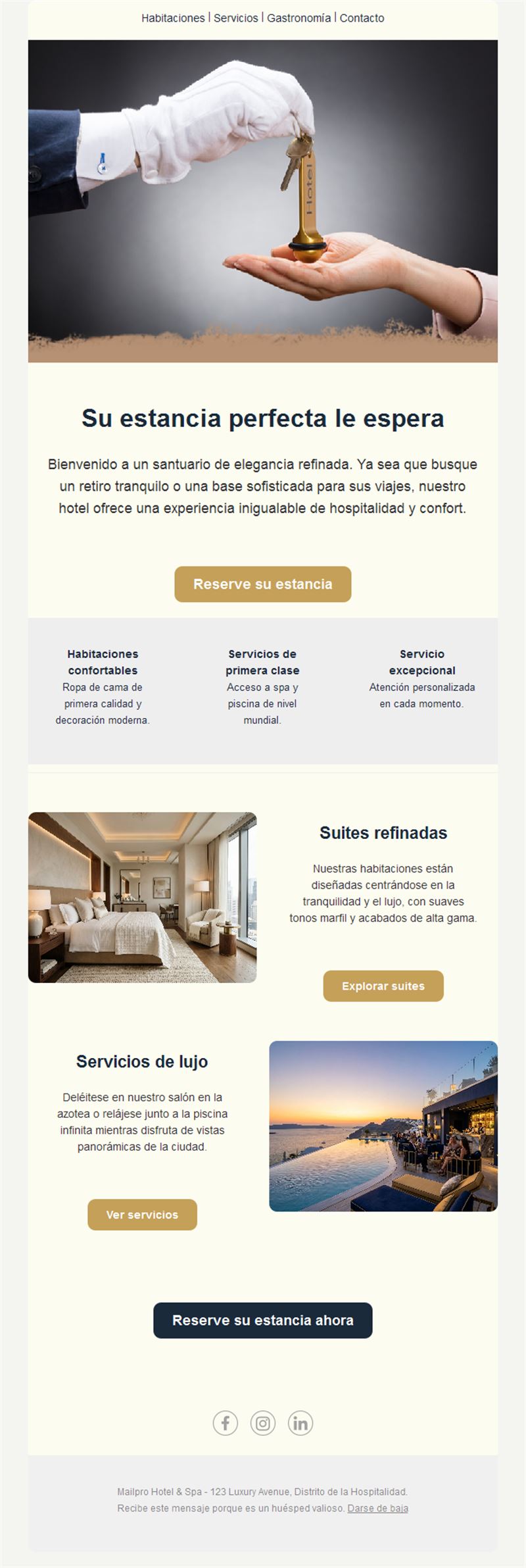 Email de suites y servicios de hotel de lujo
