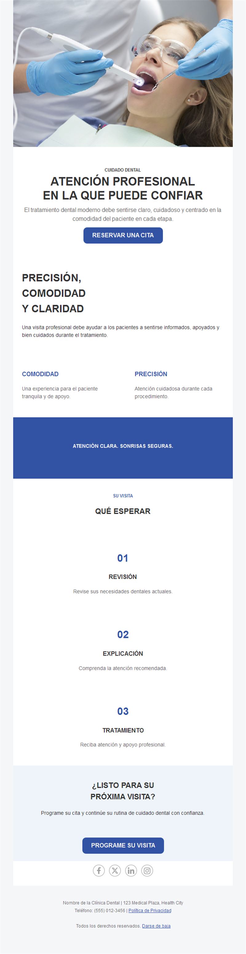 Email azul de atención dental profesional