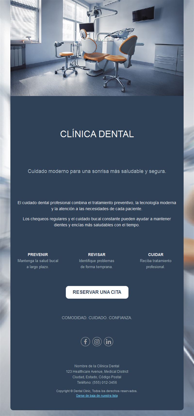Email azul marino de cita en clínica dental