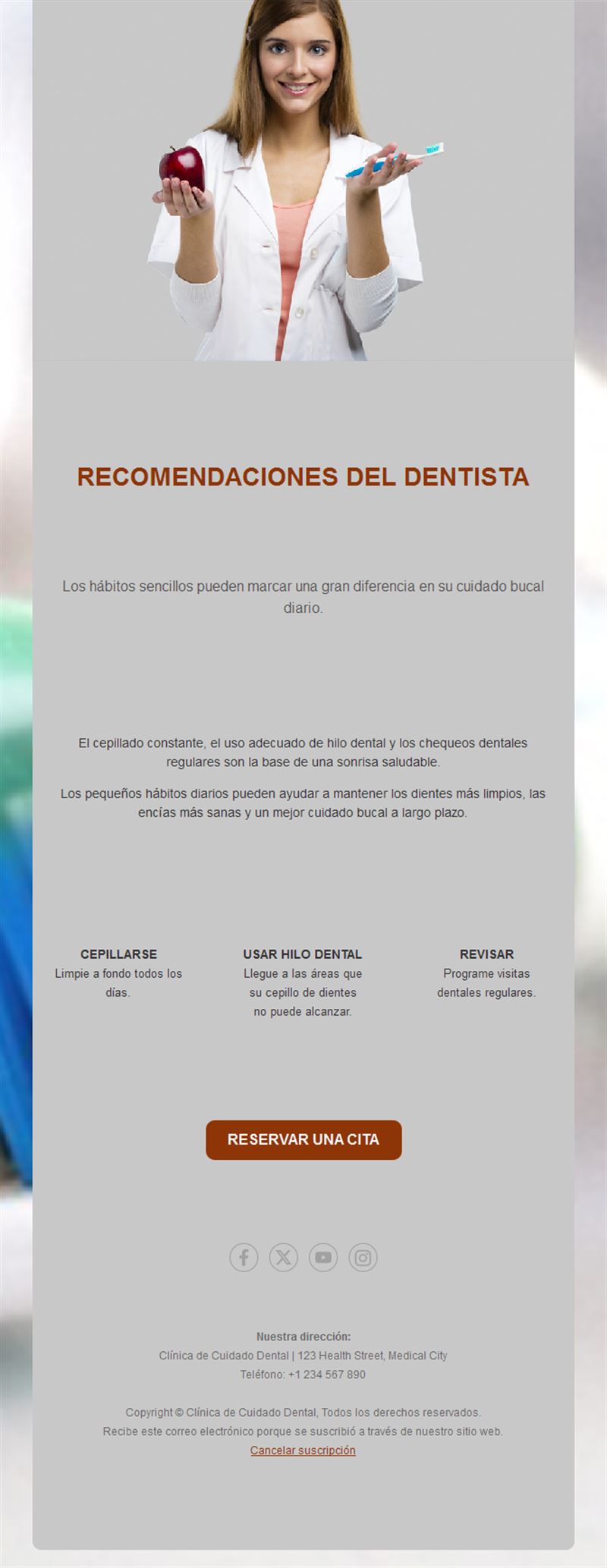 Email de consejos de higiene bucal del dentista