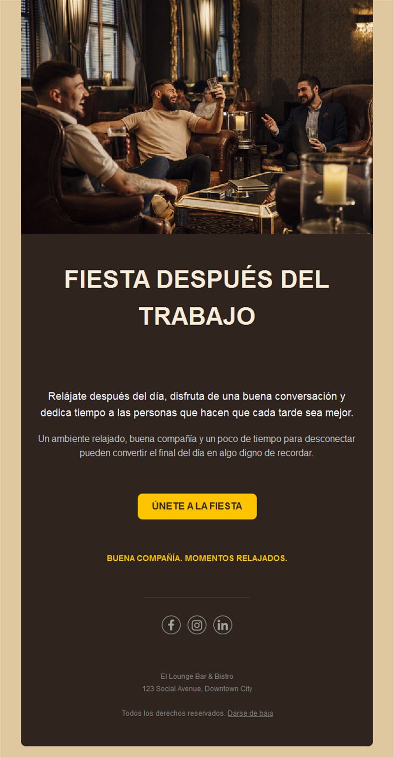 Plantilla de email de afterwork en un lounge