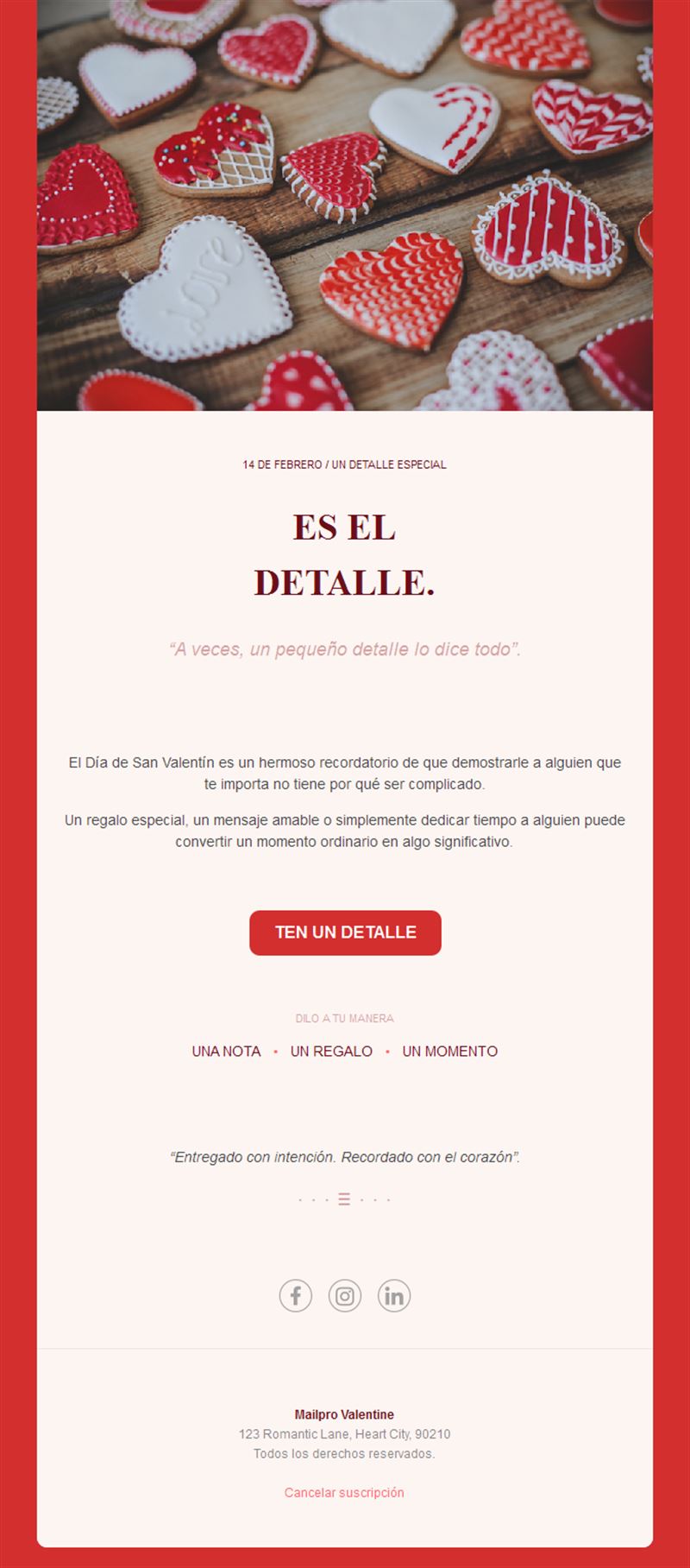 Email de San Valentín con galletas de corazón