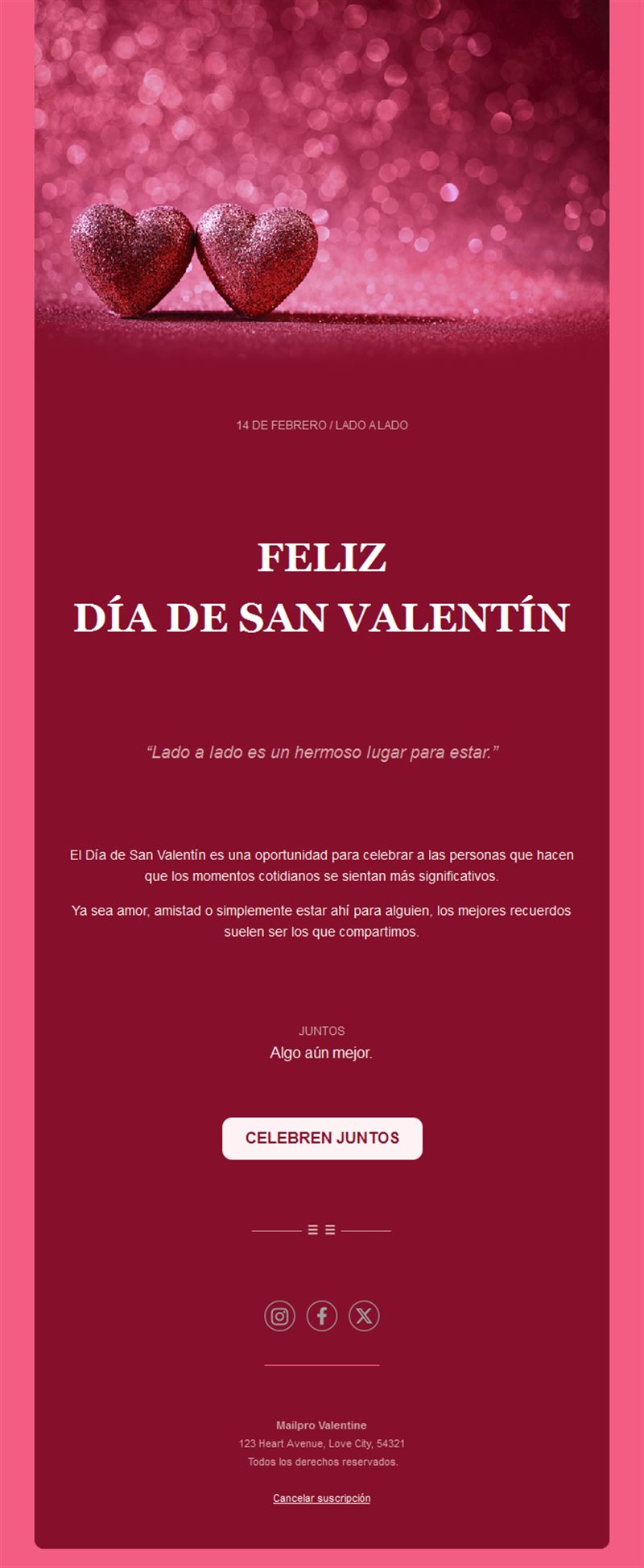 Email de San Valentín con corazones brillantes