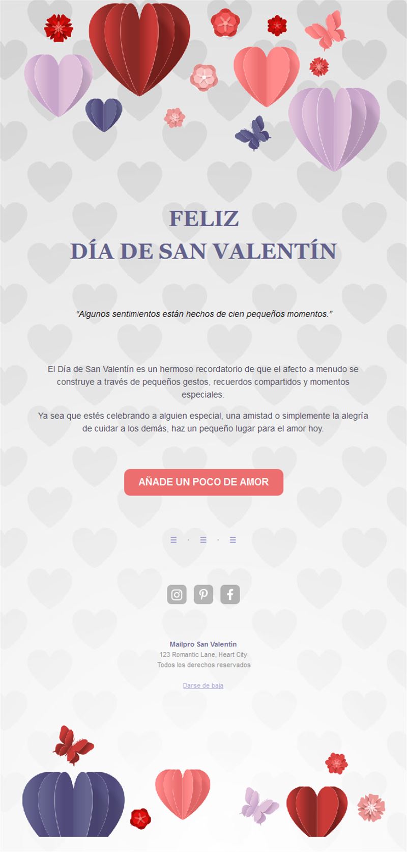 Email de San Valentín con corazones lilas