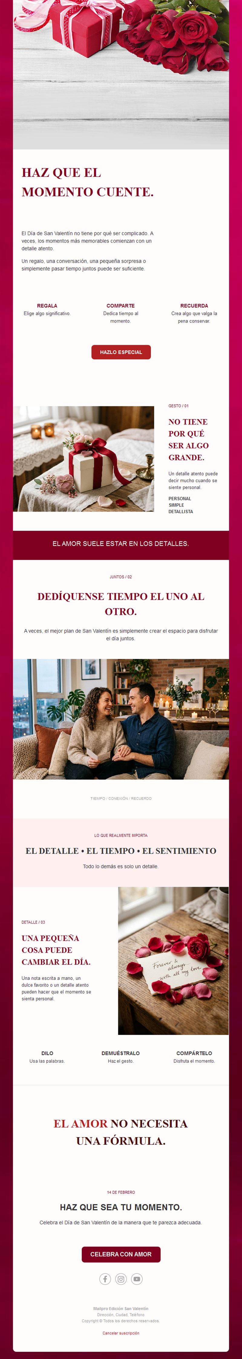 Newsletter de San Valentín con rosas y regalos
