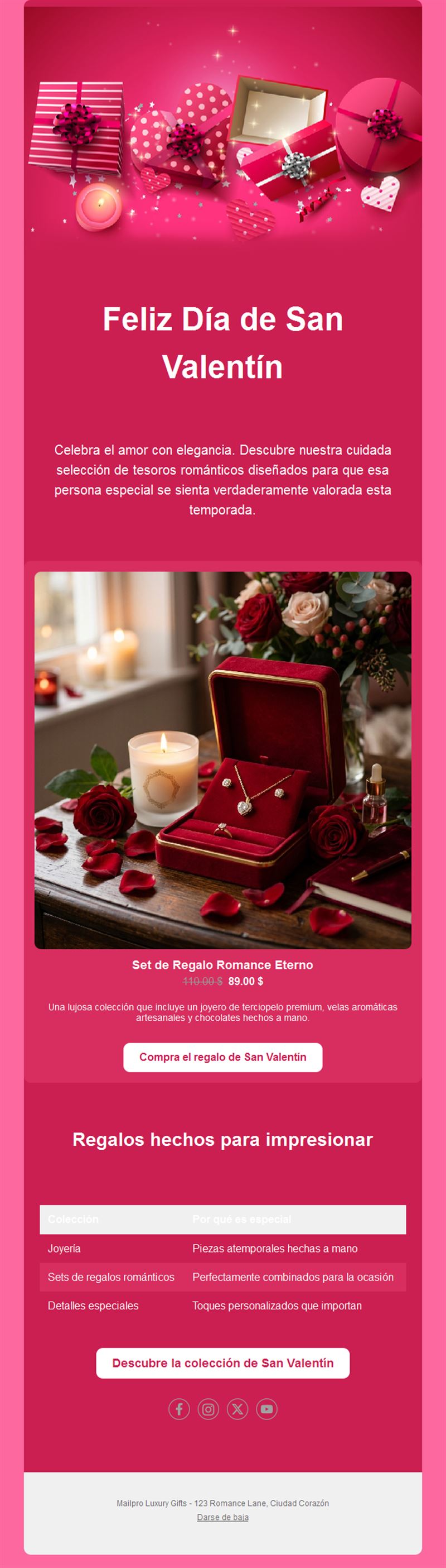 Email de regalo de San Valentín con producto