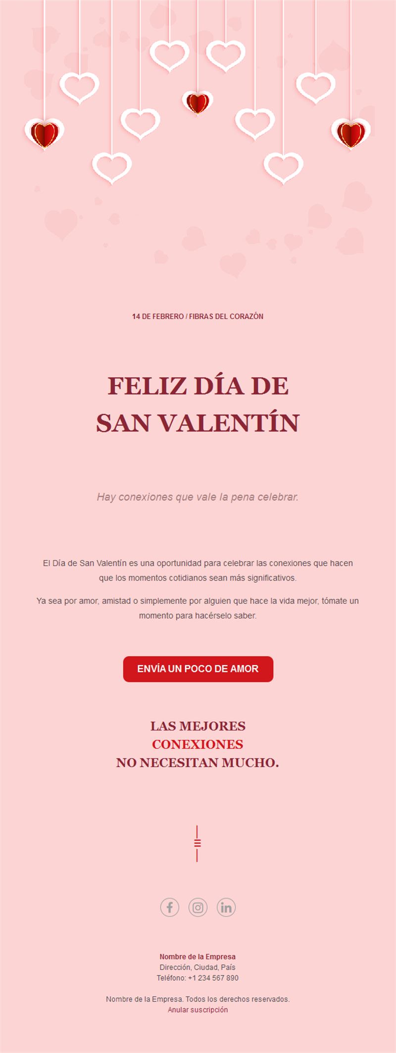 Email de San Valentín con corazones colgantes