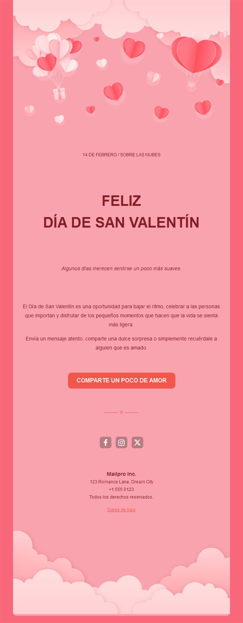 Email de San Valentín con nubes rosas