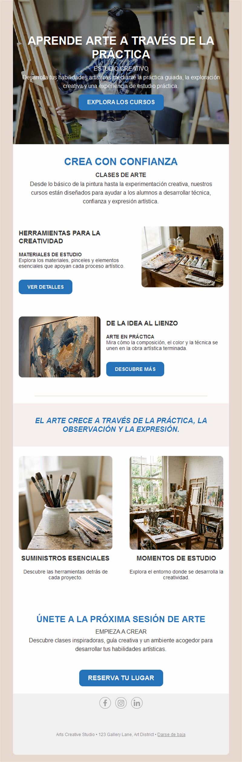 Newsletter de clases de arte y materiales