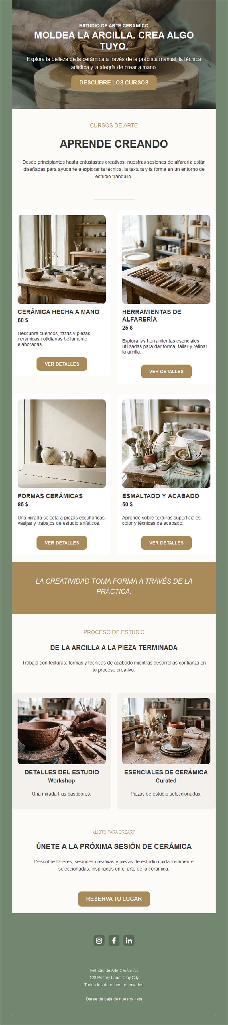Email de taller de cerámica con productos y cursos