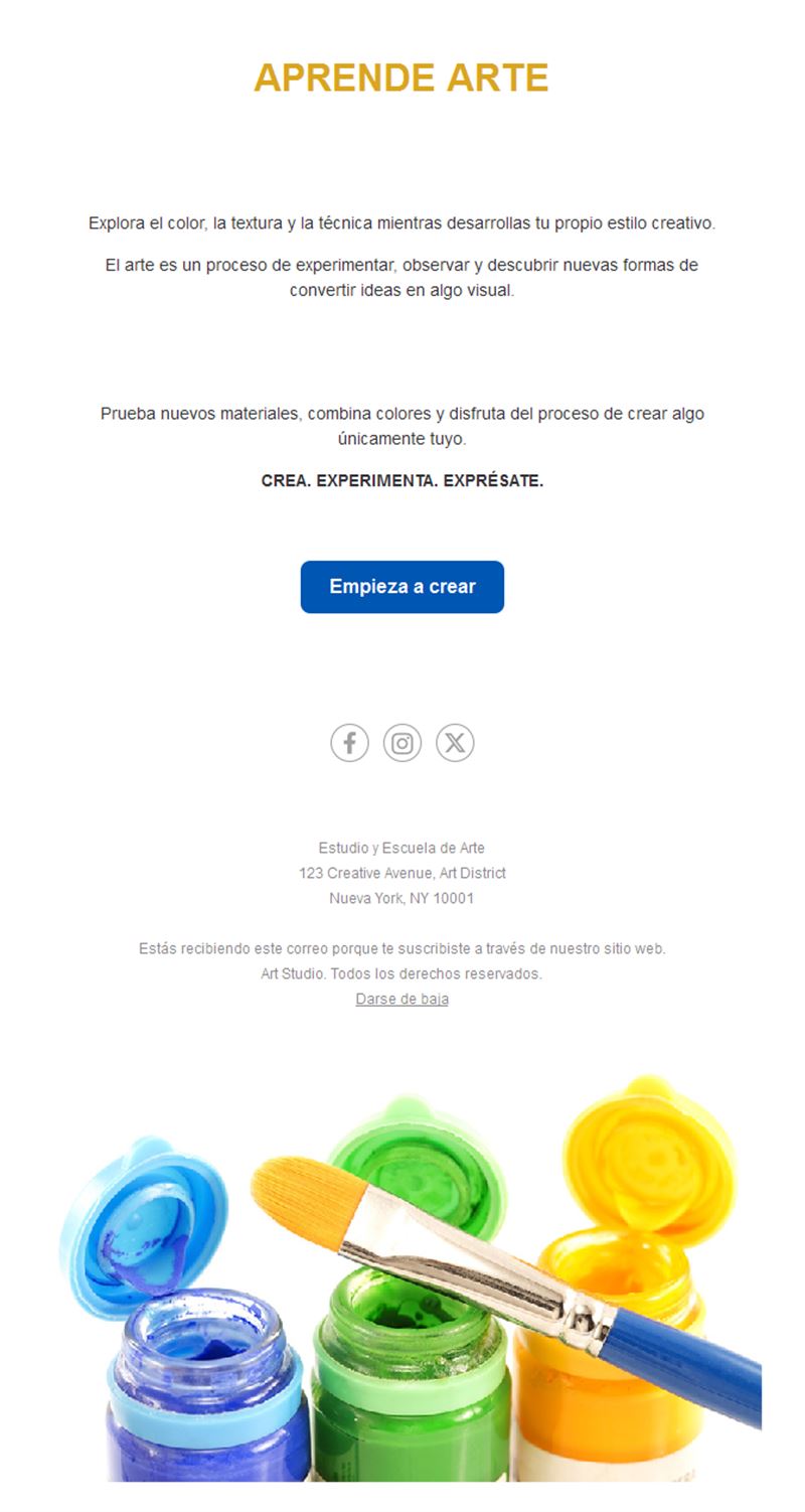 Email sencillo de clase de arte con pinturas