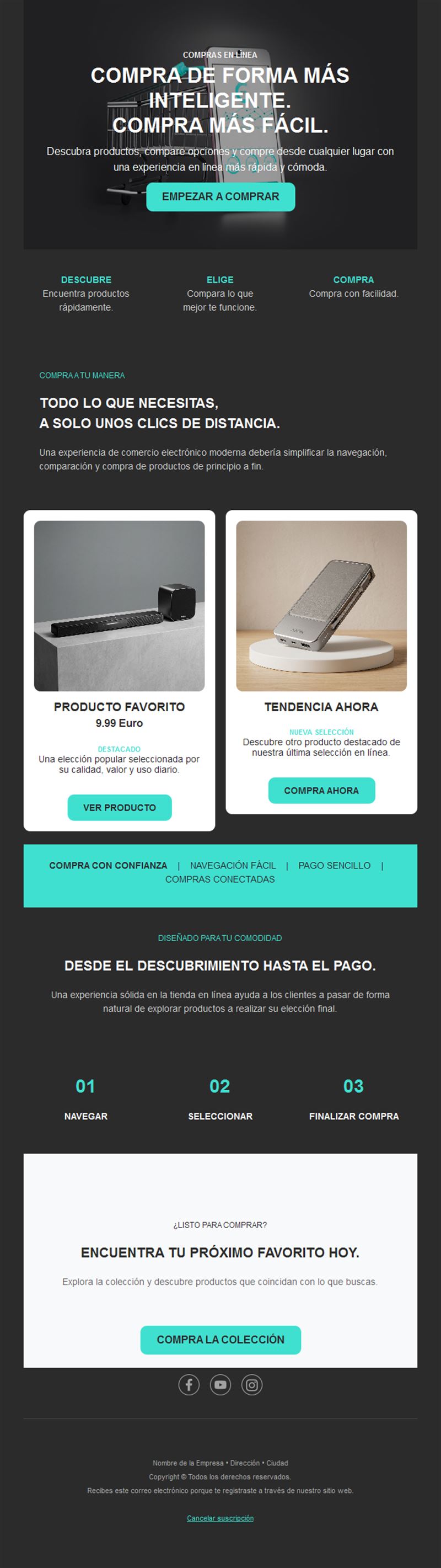 Email oscuro de productos para tienda tech