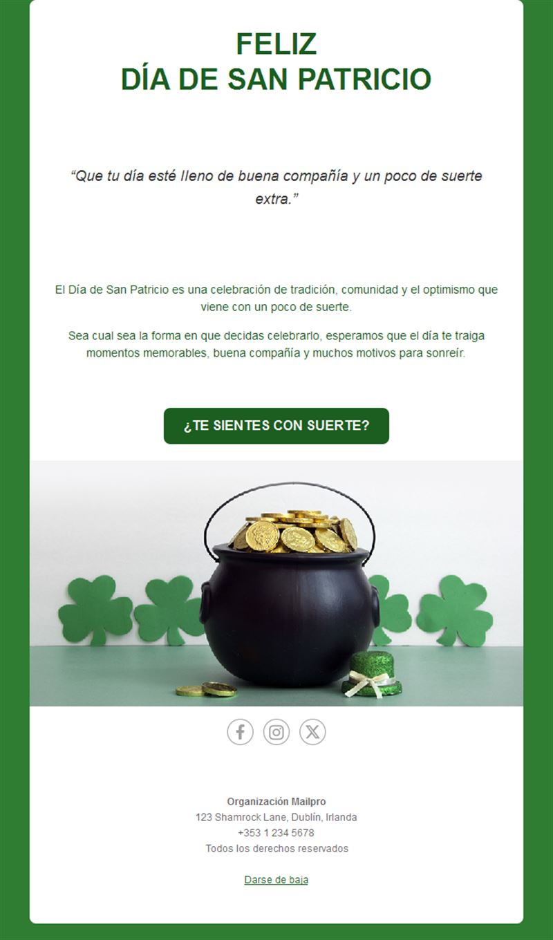 Email de San Patricio con olla de oro