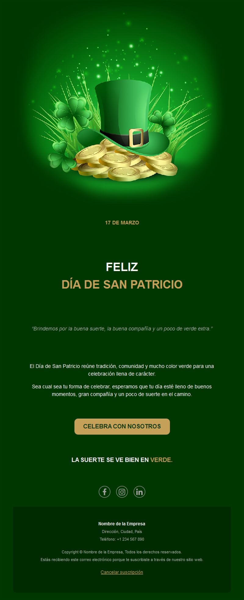 Email de San Patricio con sombrero de duende