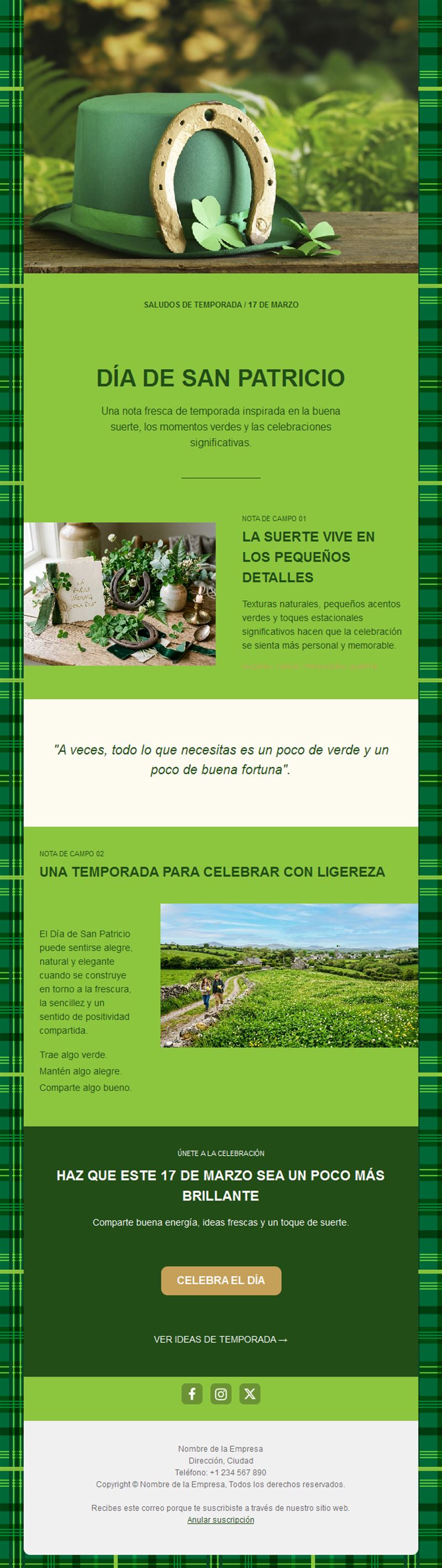 Newsletter de San Patricio en tartán verde