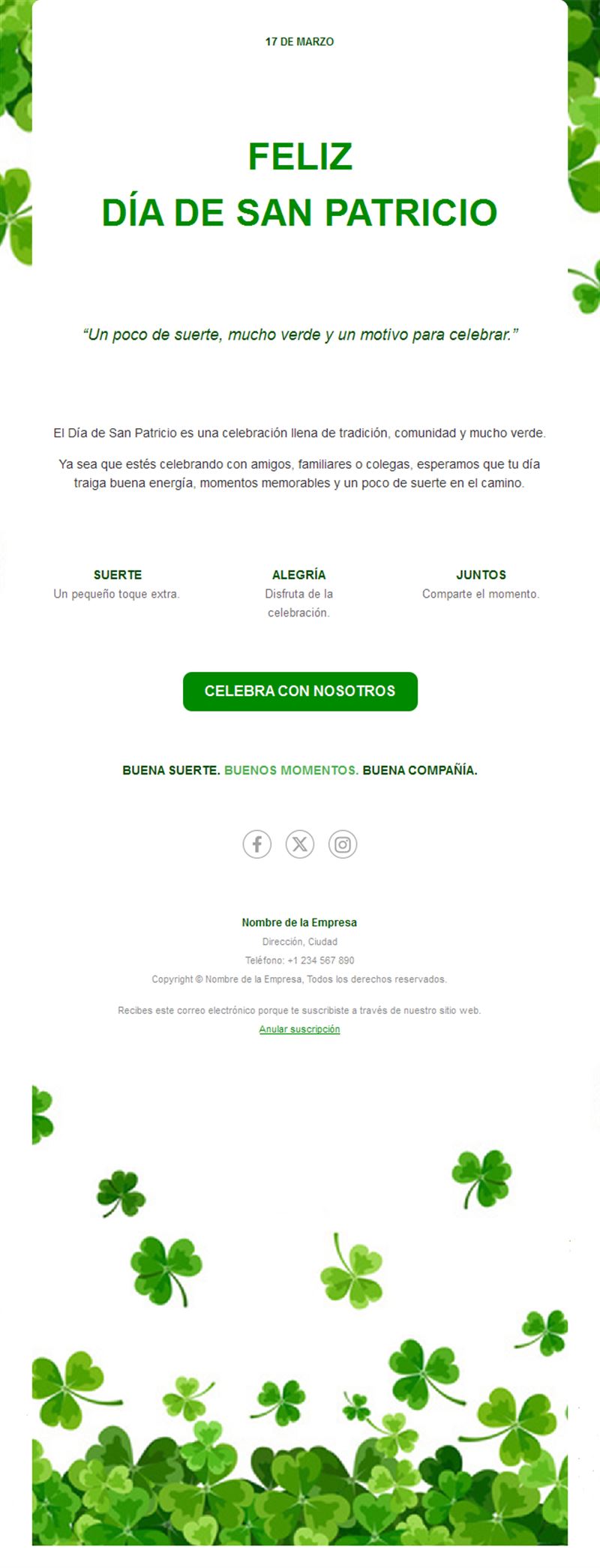 Email de felicitación de San Patricio con tréboles