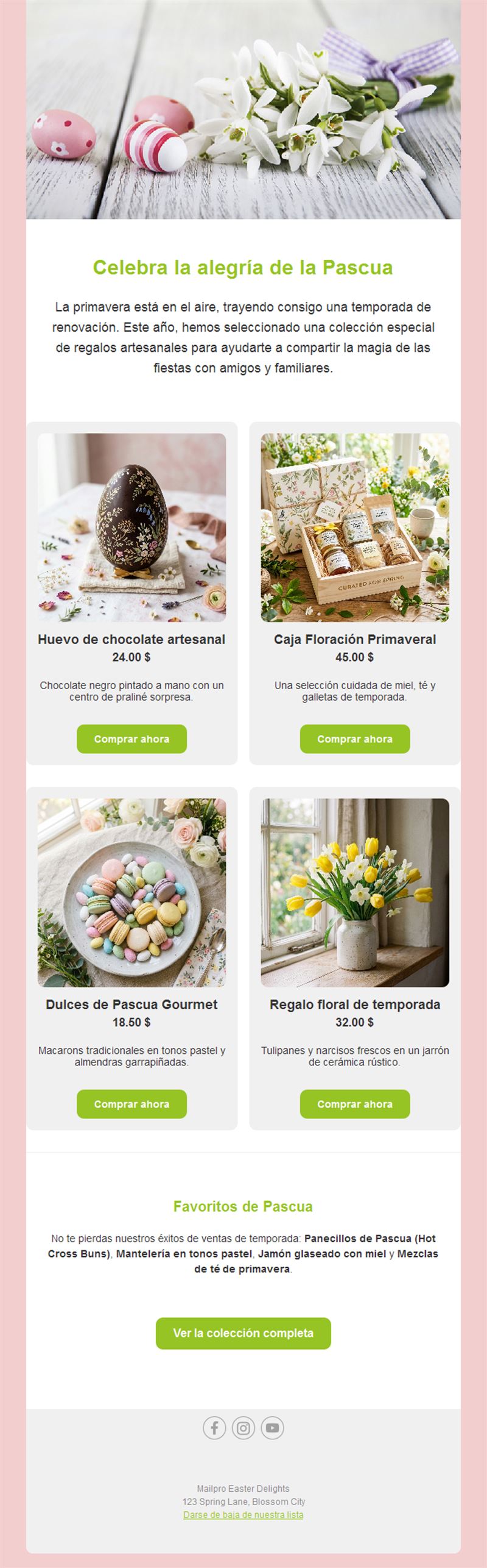 Email de tienda de Pascua con productos