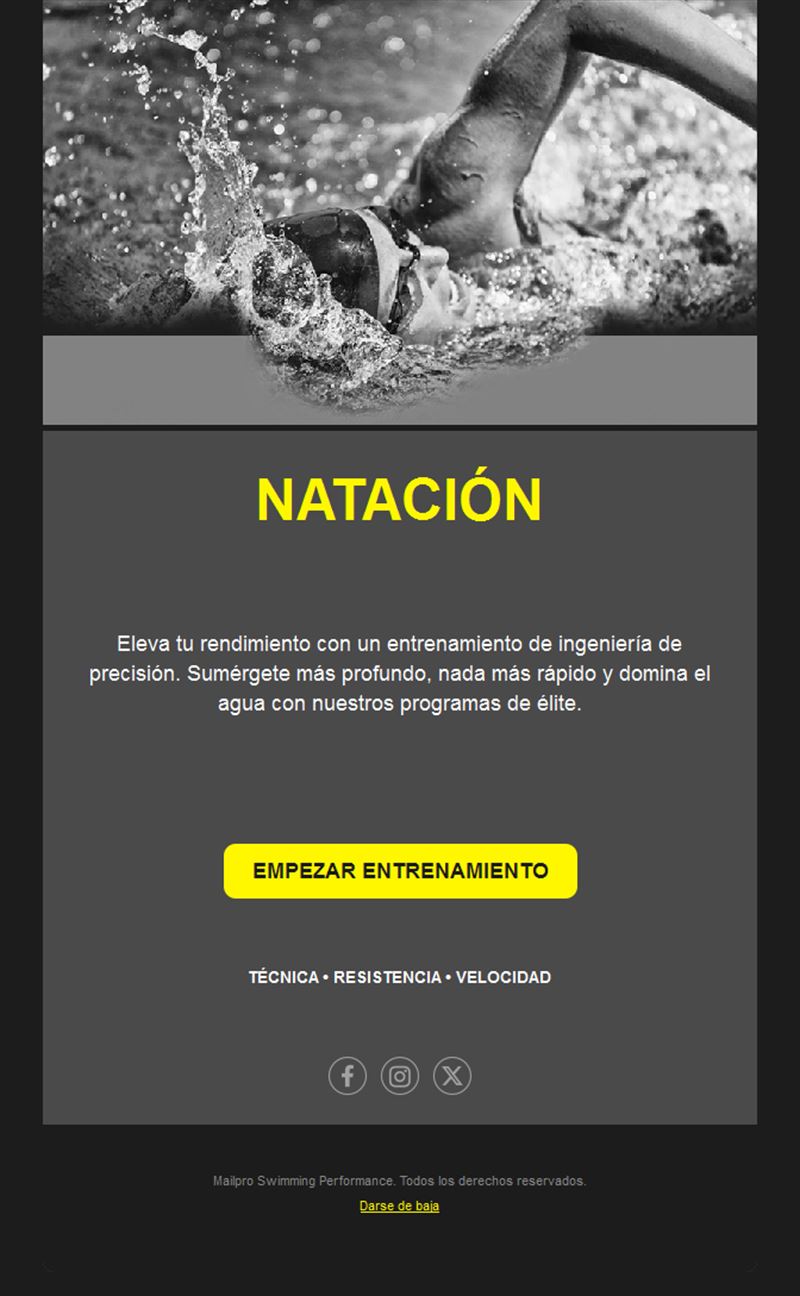 Email de entrenamiento de natación competitiva