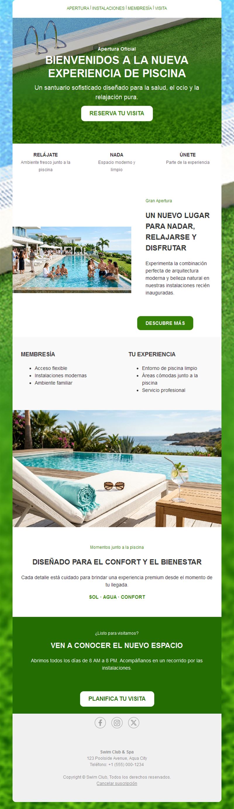 Newsletter de inauguración de piscina