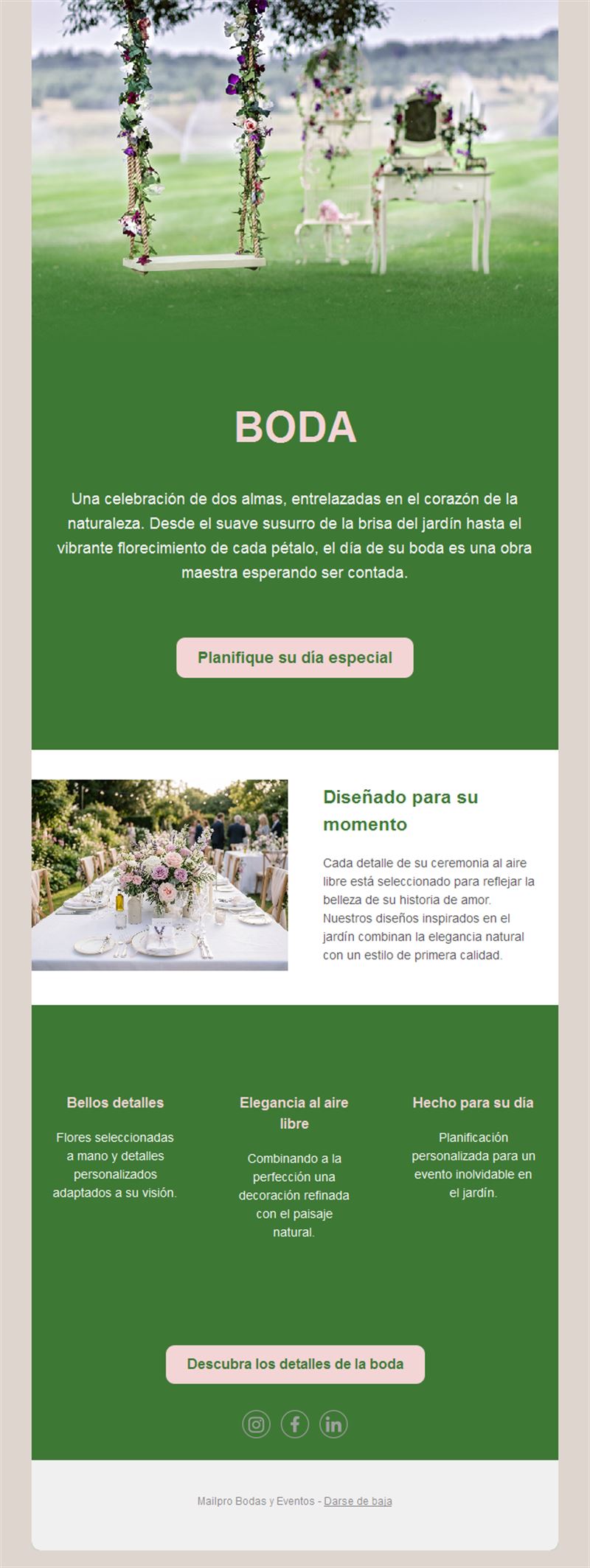 Email de boda al aire libre en jardín
