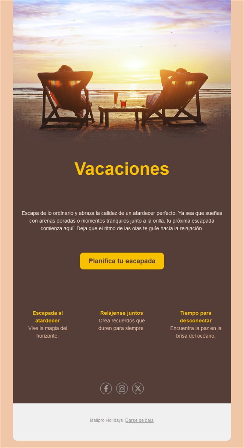 Email de vacaciones de playa al atardecer