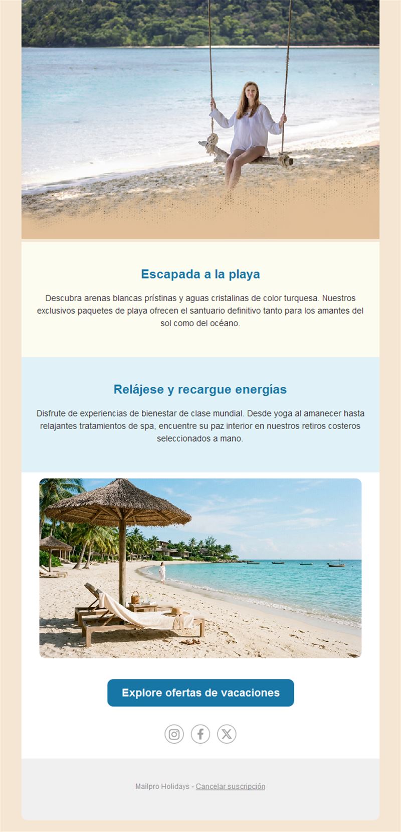 Email de escapada de playa y bienestar