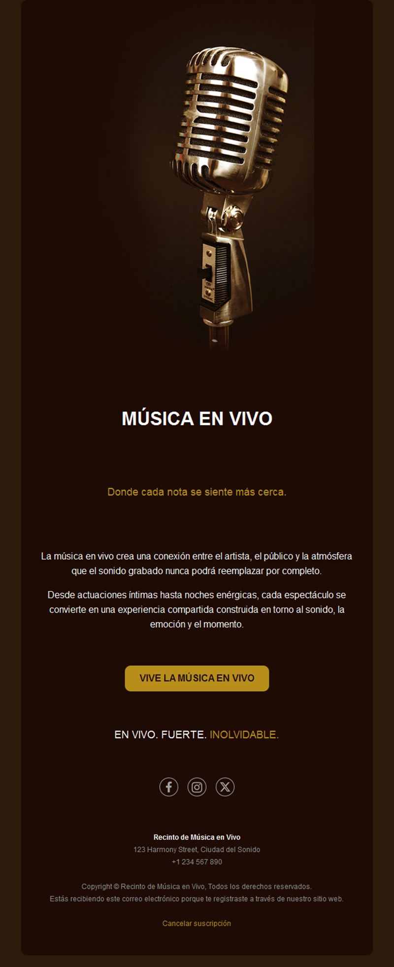 Email de sala de música en directo